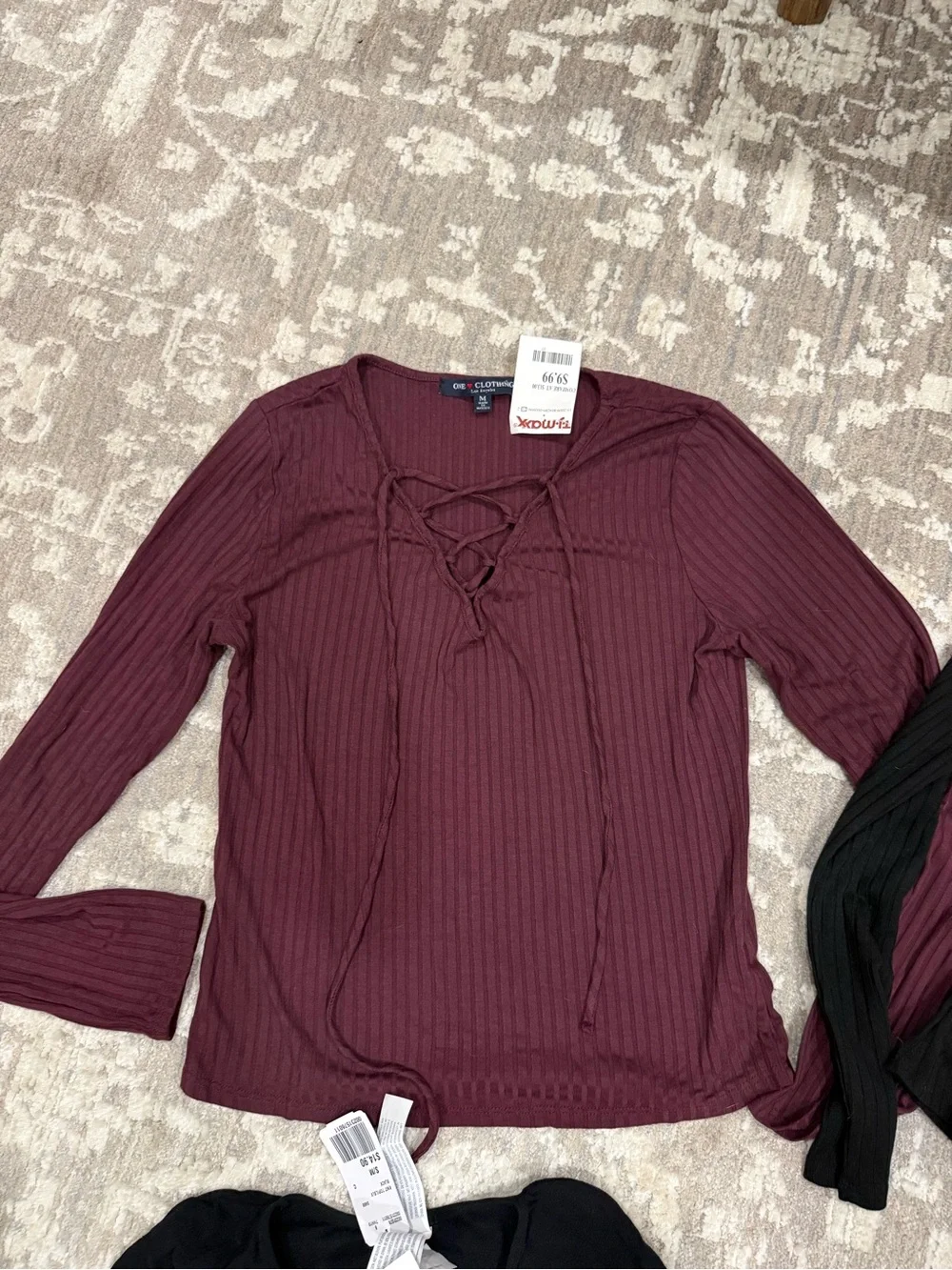Lace-Up Ribbed Long Sleeve Tops - Burgundy & Black